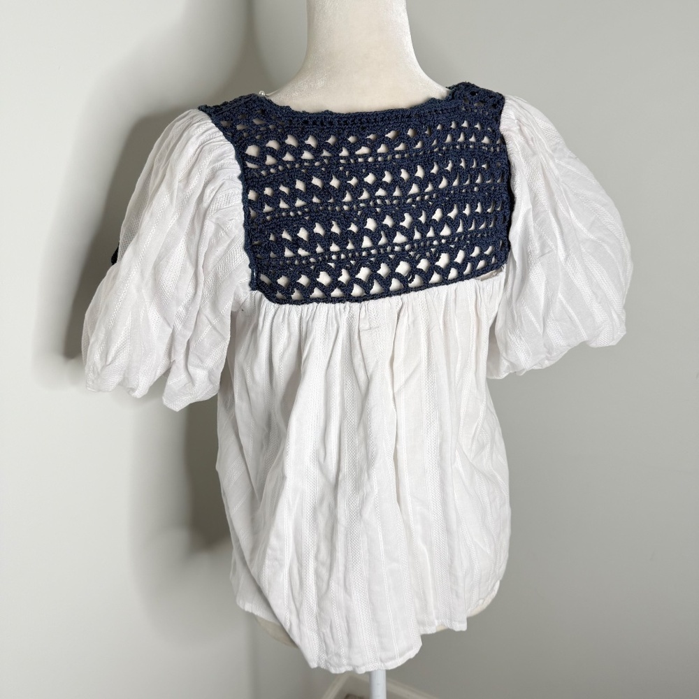 Cleobella Navy Crockett White Organic Cotton Blouse Top L - Picture 2 of 6
